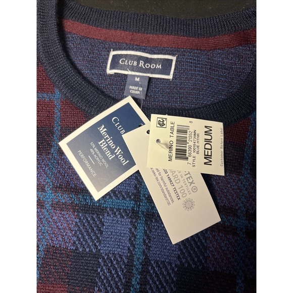 NWT Club Room Blue Plaid Merino Wool Blend Pullover Crewneck Mens Sweater Medium - Picture 6 of 7